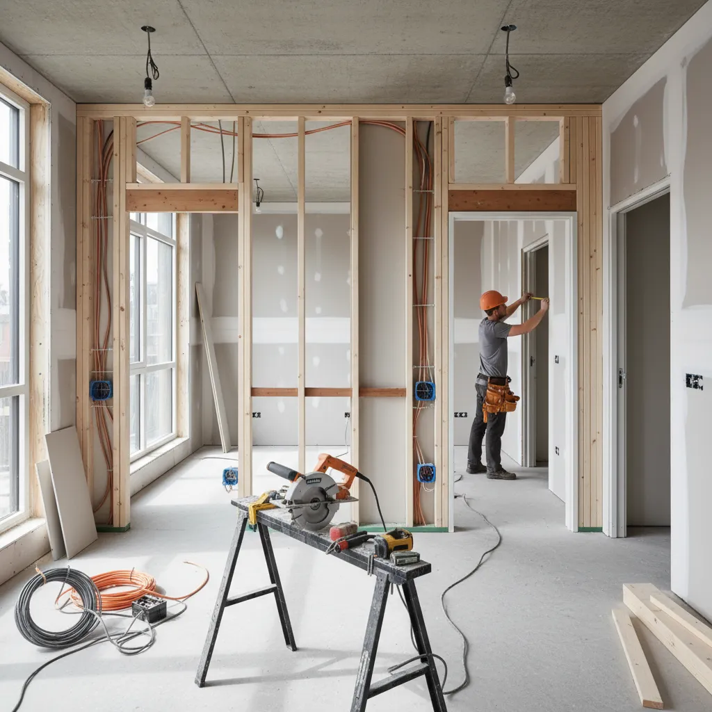 Detalle de obra interior mostrando instalaciones eléctricas y carpintería