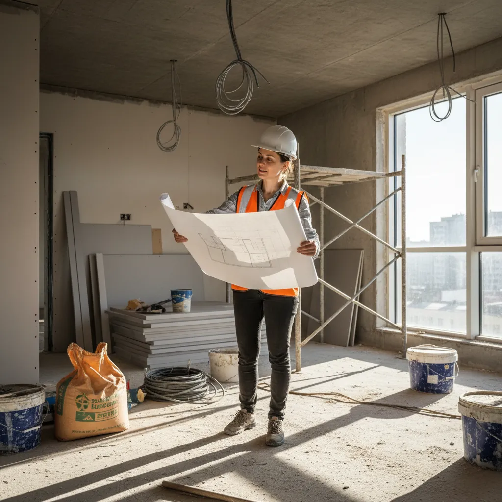Diseñador revisando planos dentro de una obra de reforma