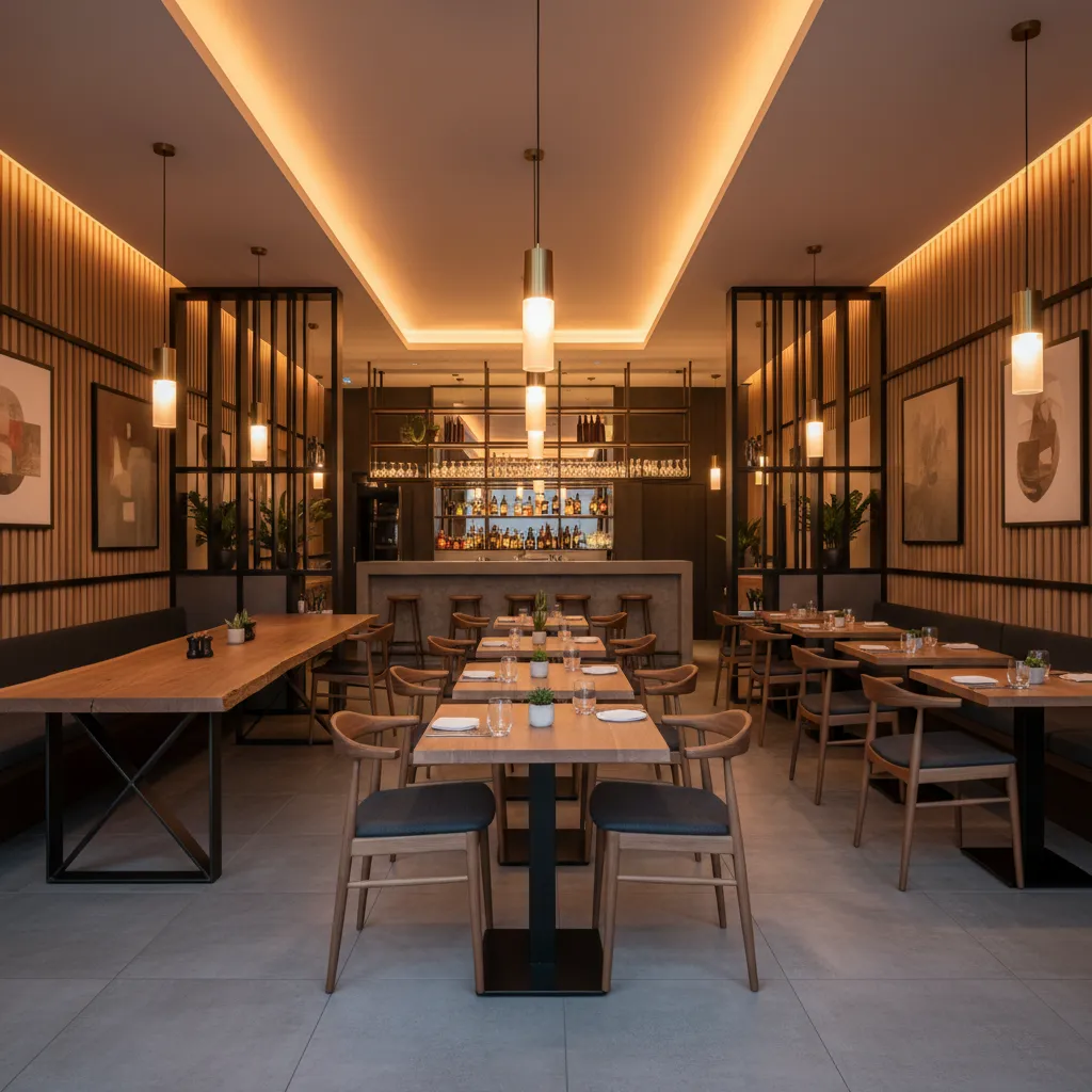 Interior de restaurante moderno bien distribuido con iluminación cálida