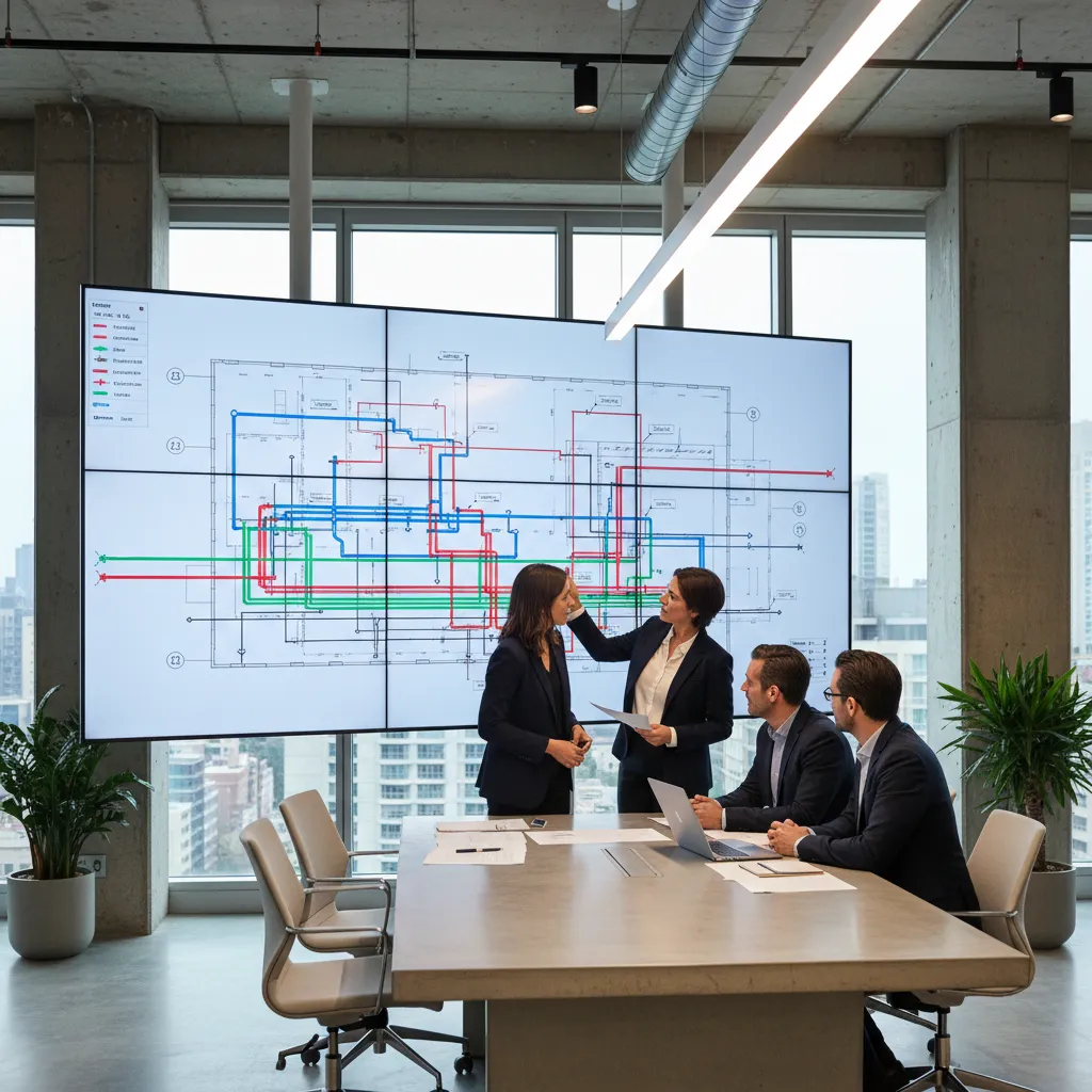 Interior design team reviewing building service plans on large digital screen