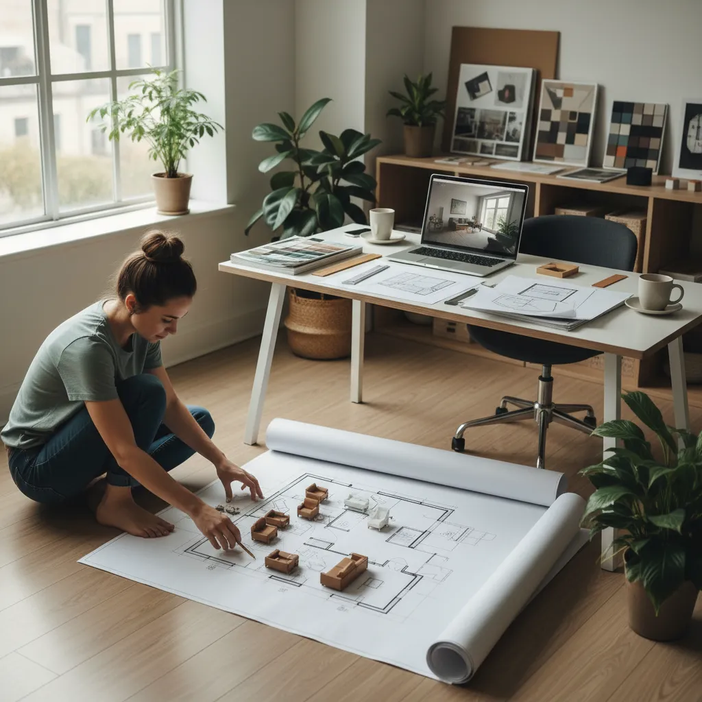 Diseñador organizando la distribución de muebles en un plano de habitación