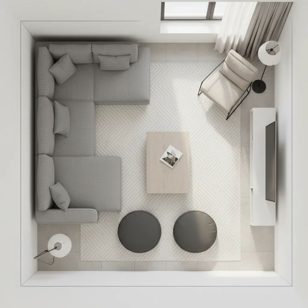 Interior layout planning concept showing furniture arrangement in a living room
