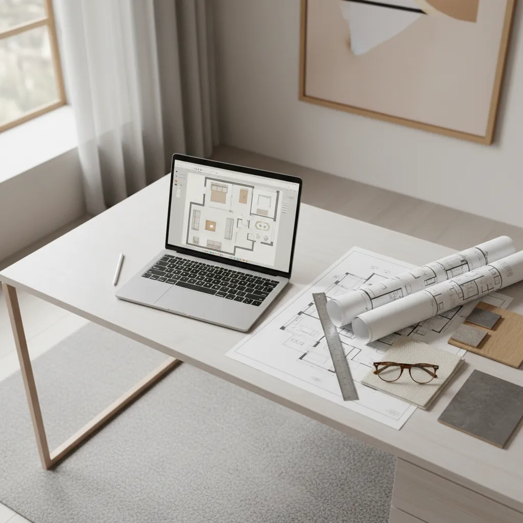 Top view of a designer arranging furniture layout on a digital floor plan
