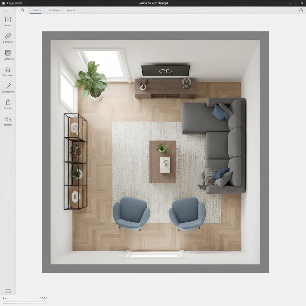 Plano digital de una sala con muebles colocados en un software de planificación