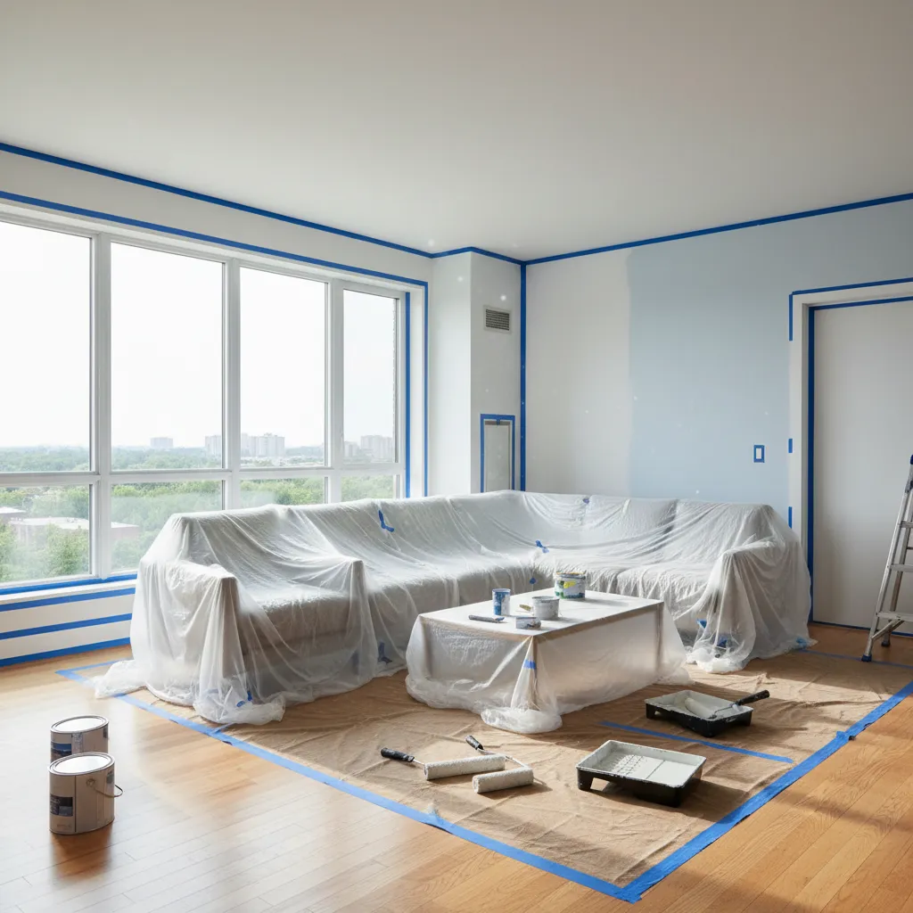 interior room prepared for painting with covered furniture and taped trim