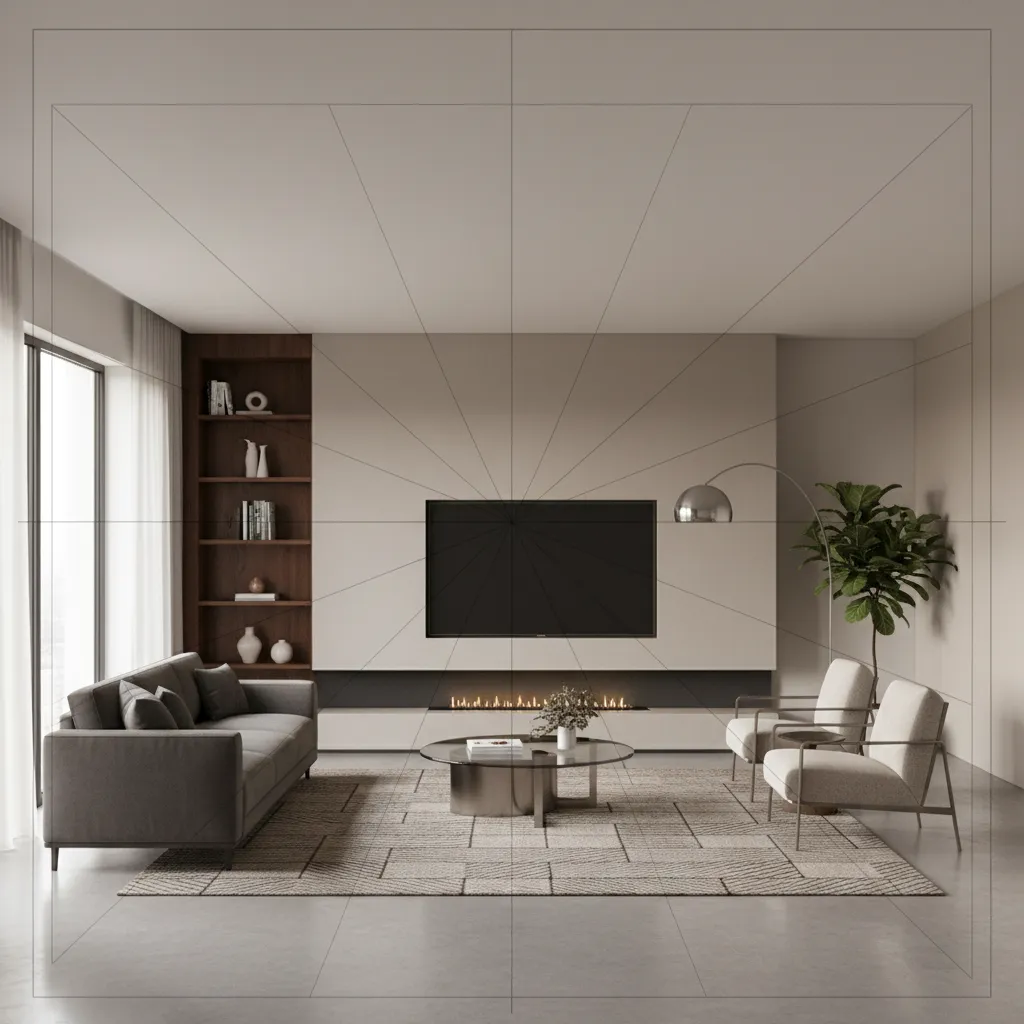 Modern living room interior design drawing with grey sofa fireplace and white perspective grid lines