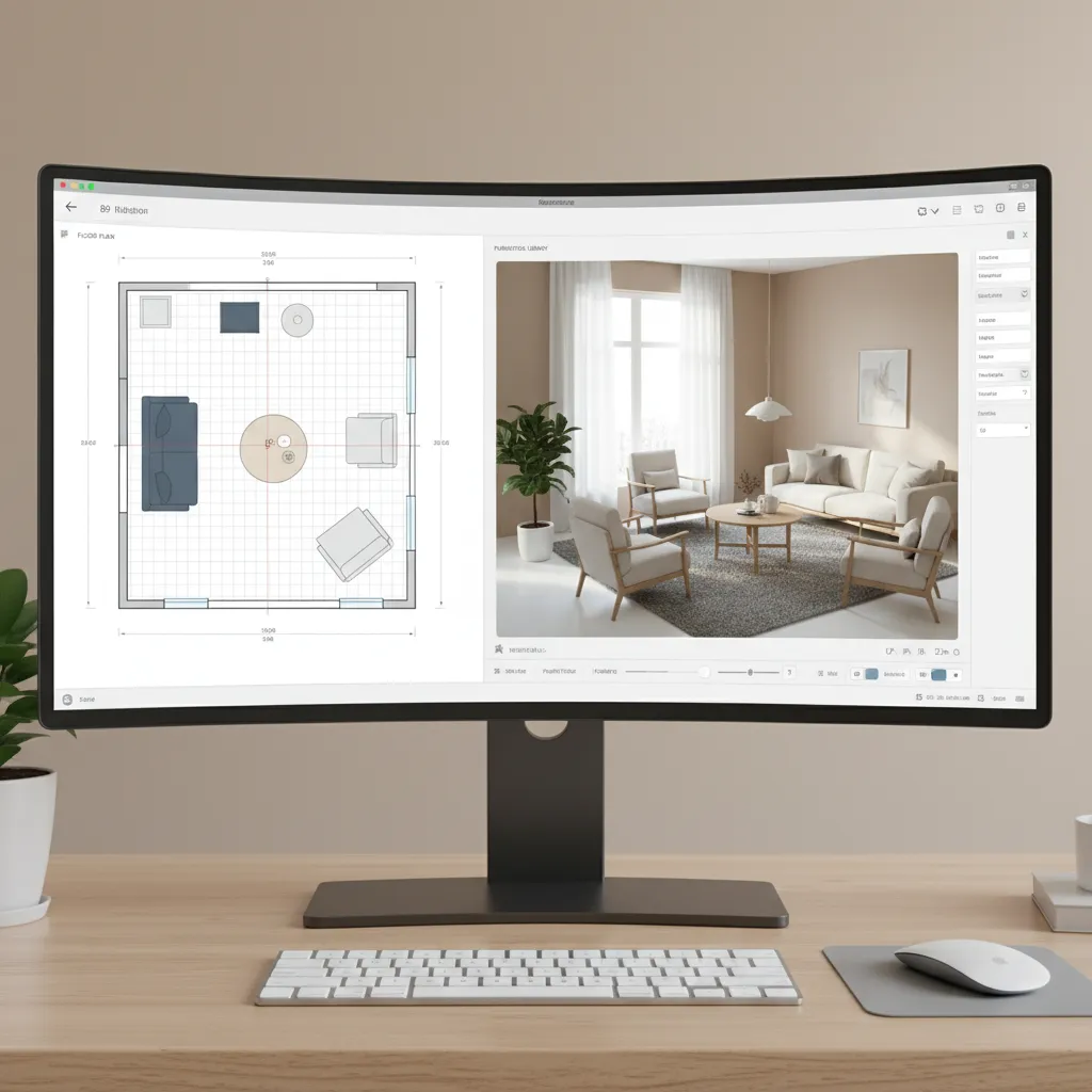 Interfaz de un simulador de diseño de interiores mostrando plano y vista 3D de una sala