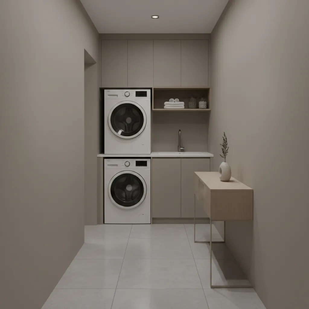 Small interior hallway and utility room area suitable for tornado shelter