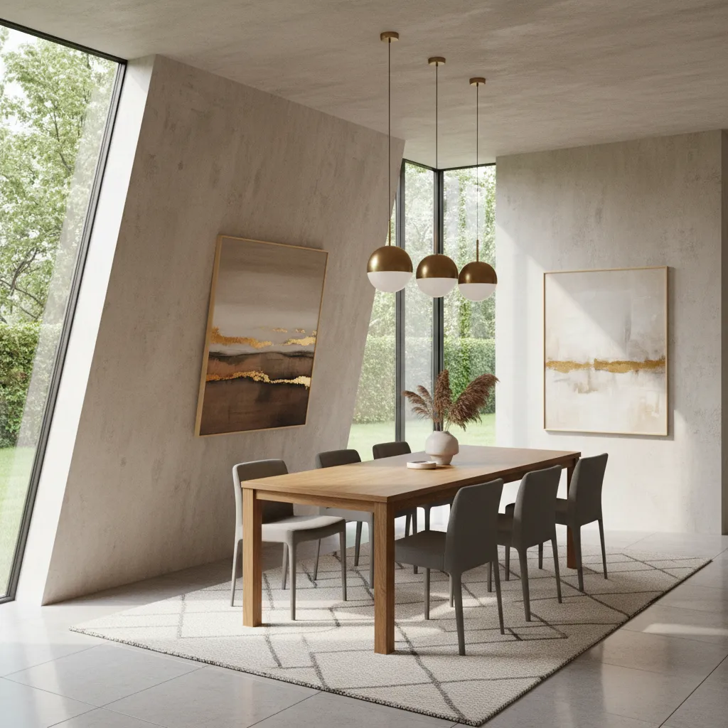 Interior ruang makan dengan dinding miring pada rumah