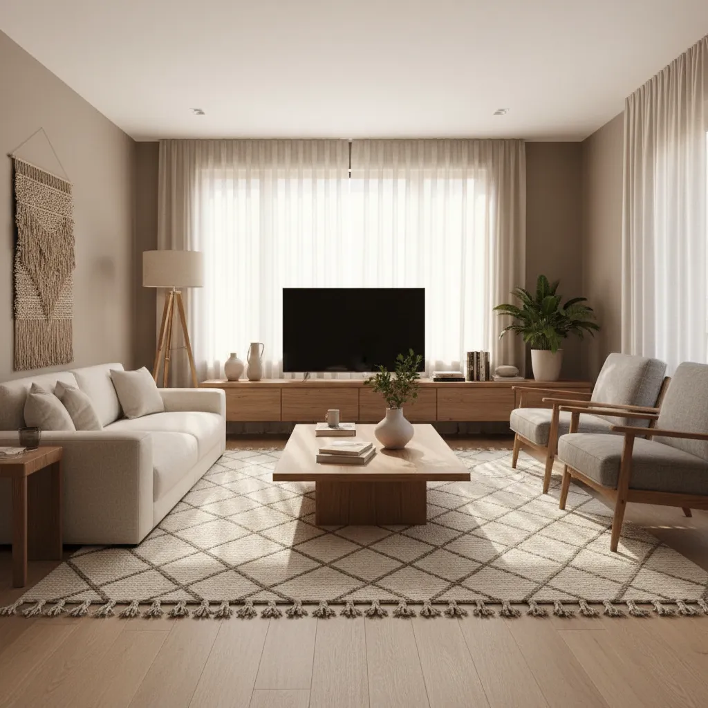 Modern living room with white sofa wooden coffee table two grey chairs and large window