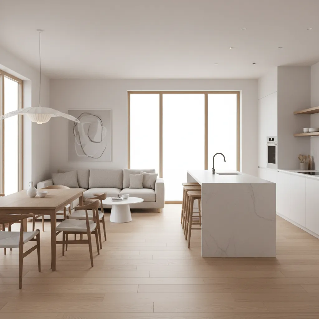 Modern open plan living room with white sofa wooden floor kitchen island and ceiling light