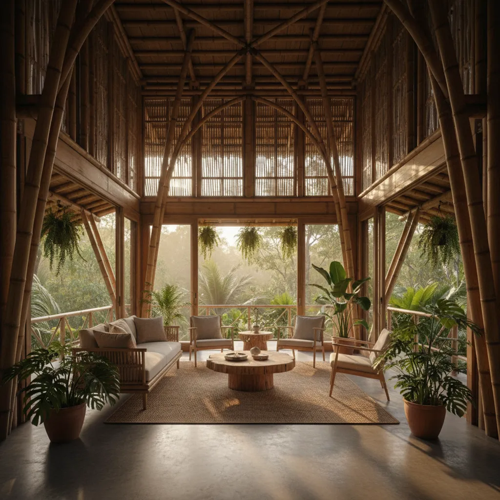 Interior rumah bambu modern dengan ruang terbuka