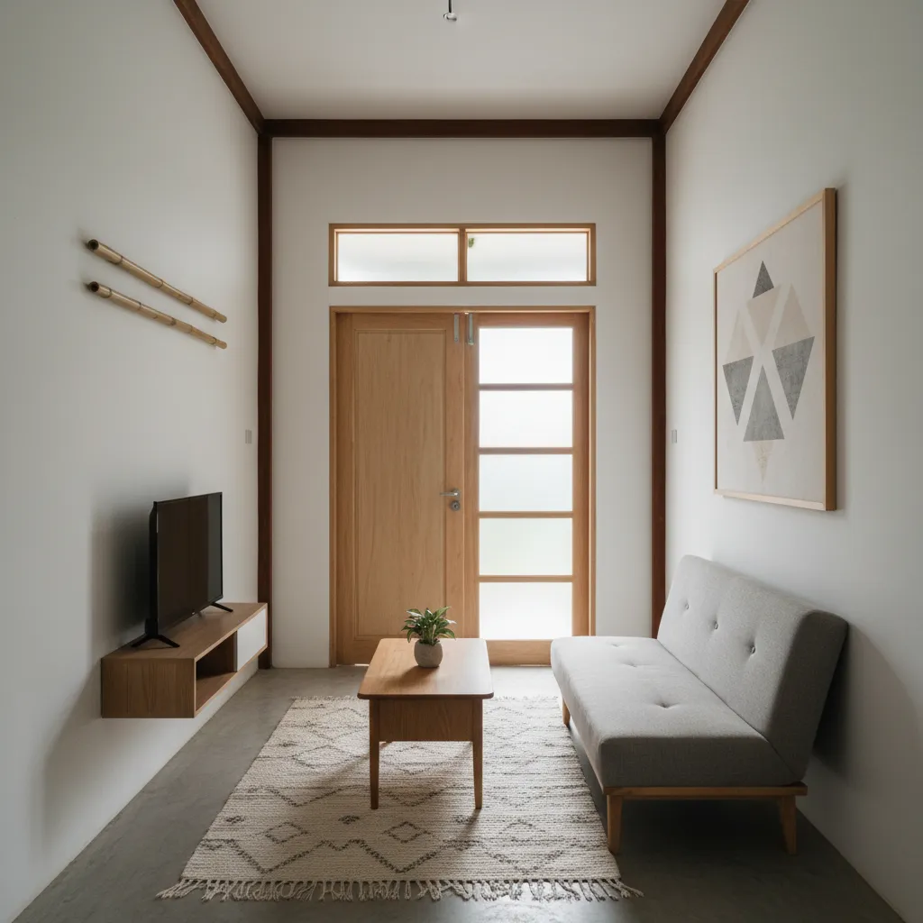 Minimalist small living room with grey sofa wooden coffee table television cabinet rug and door