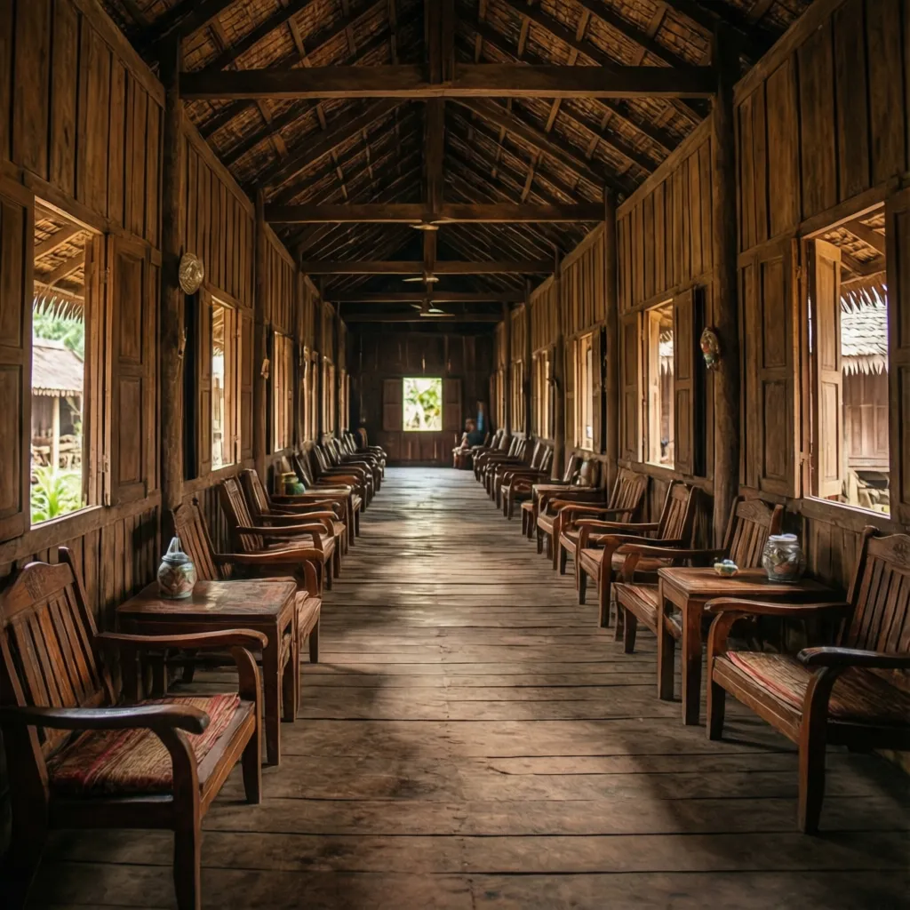 Interior ruang komunal panjang rumah betang