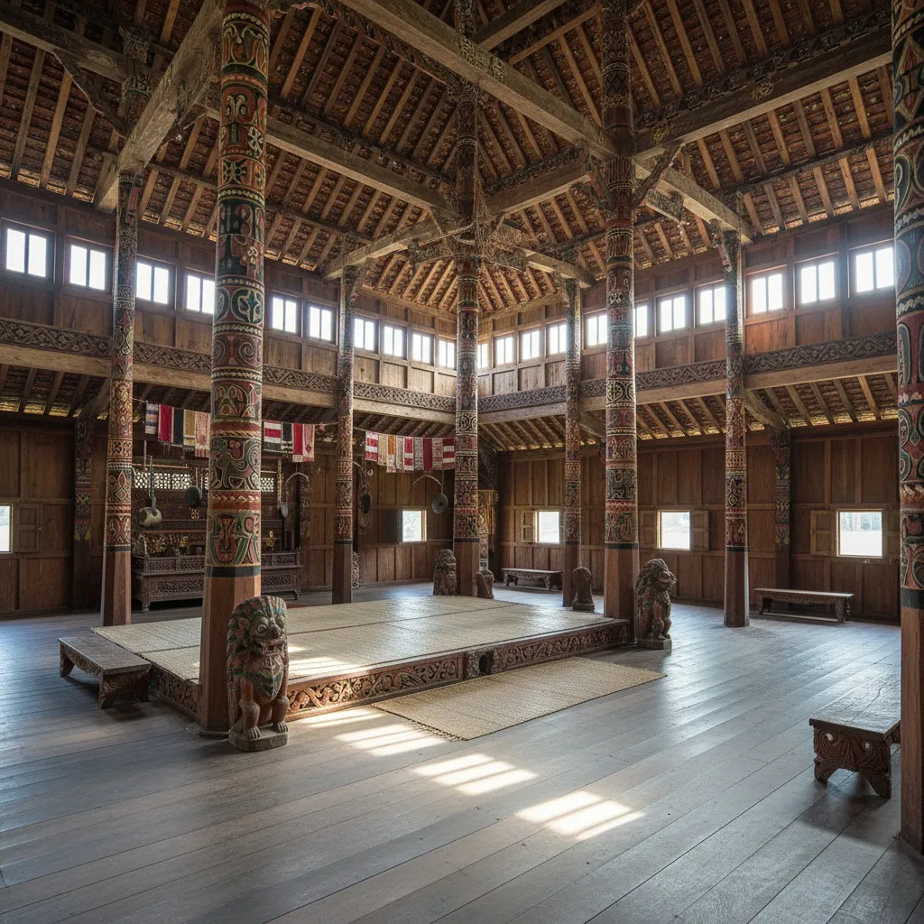 Interior rumah Bolon dengan ruang terbuka tanpa sekat