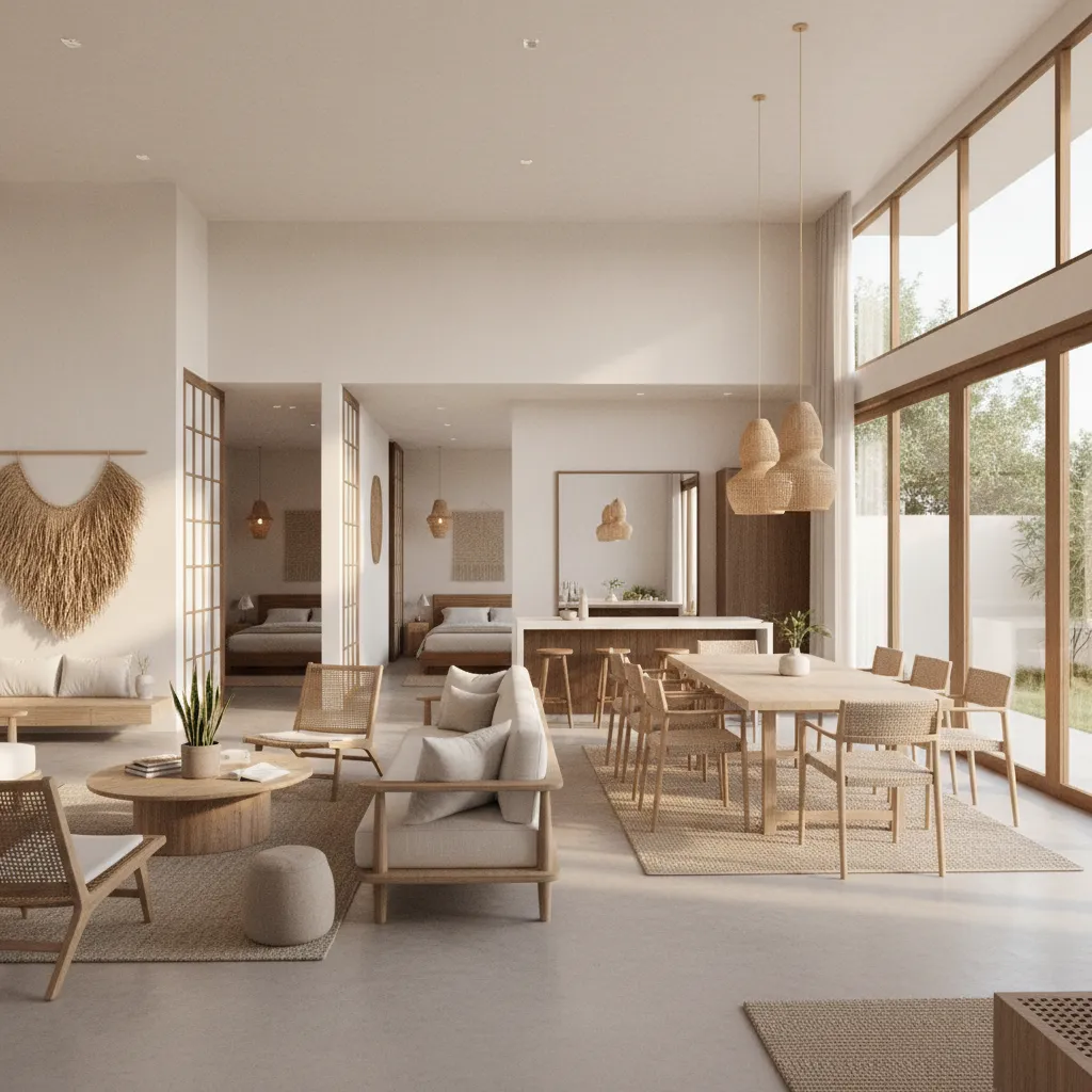 Interior design drawing of a modern living room with wooden furniture beige sofa and light