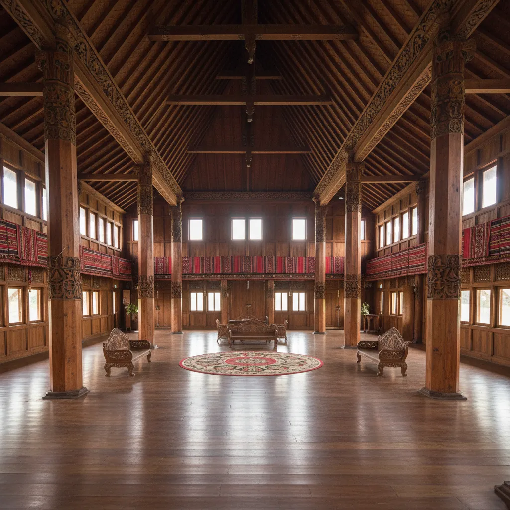 Interior ruang tengah rumah gadang yang luas
