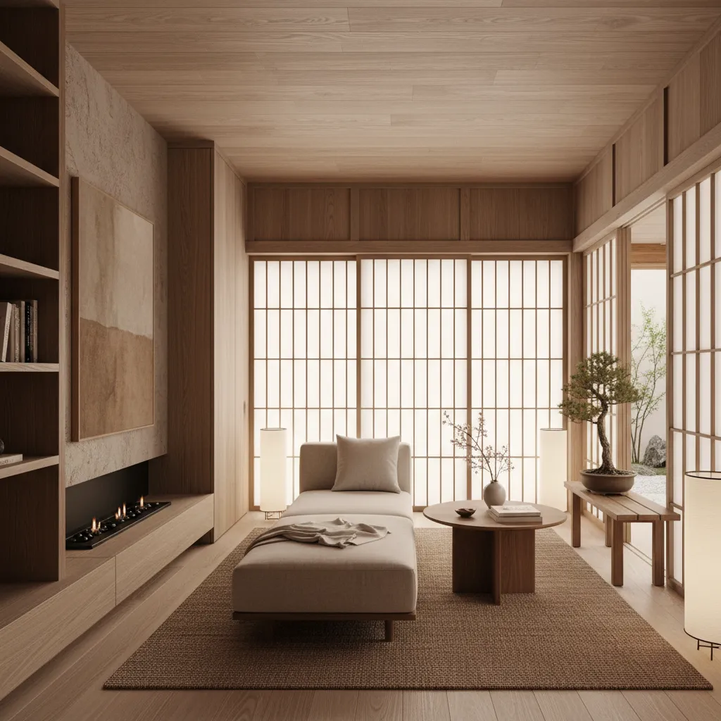 Interior rumah Jepang modern dengan material kayu dan warna netral