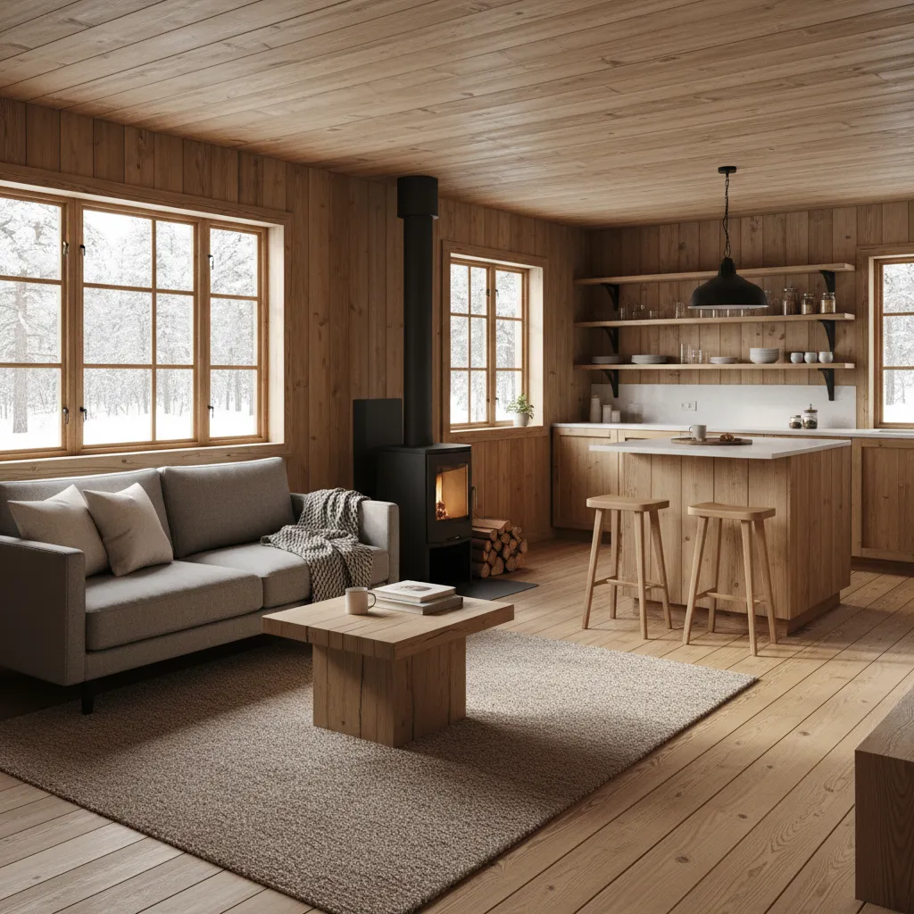 Interior rumah kayu kecil dengan ruang tamu dan dapur terbuka