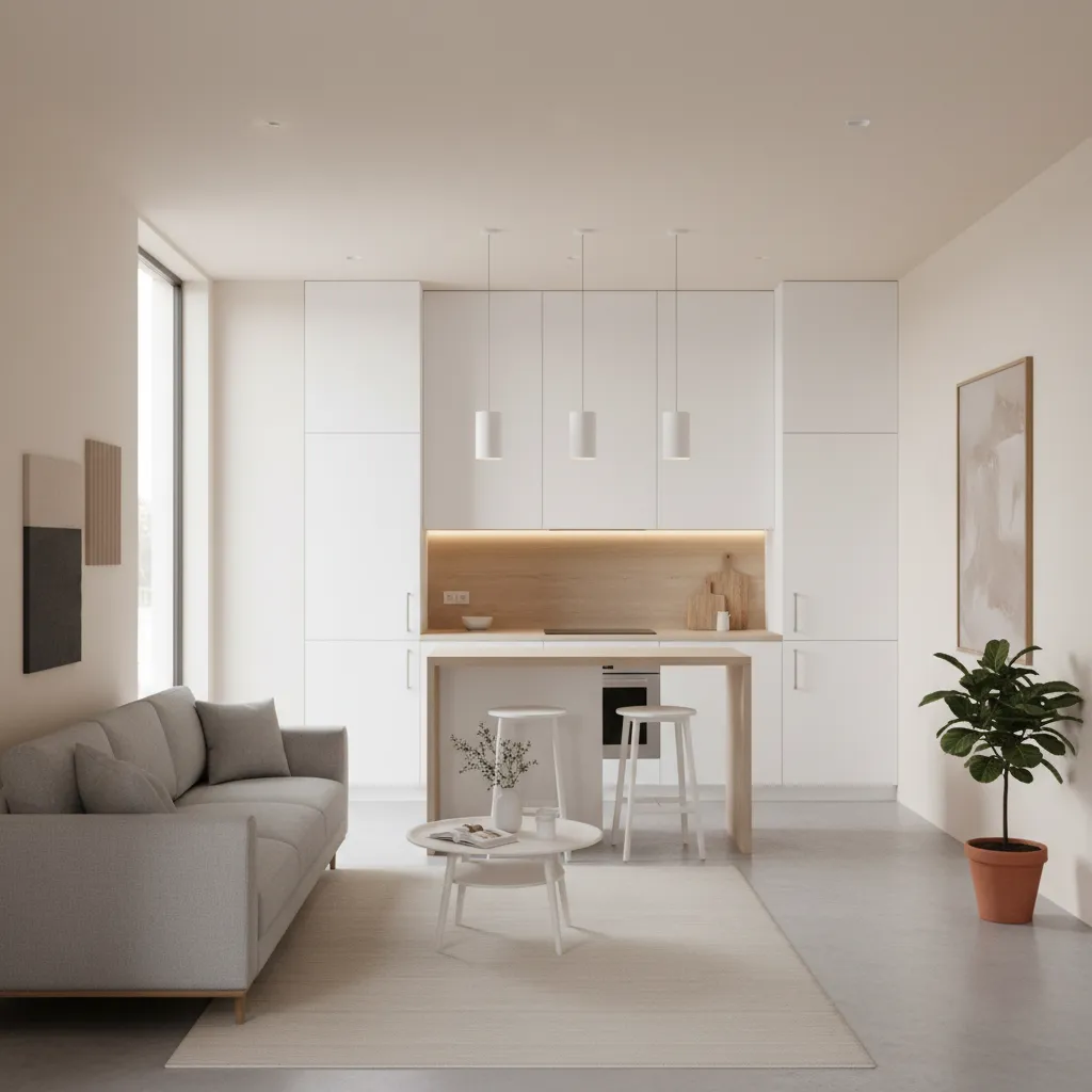 Interior rumah kecil dengan ruang terbuka