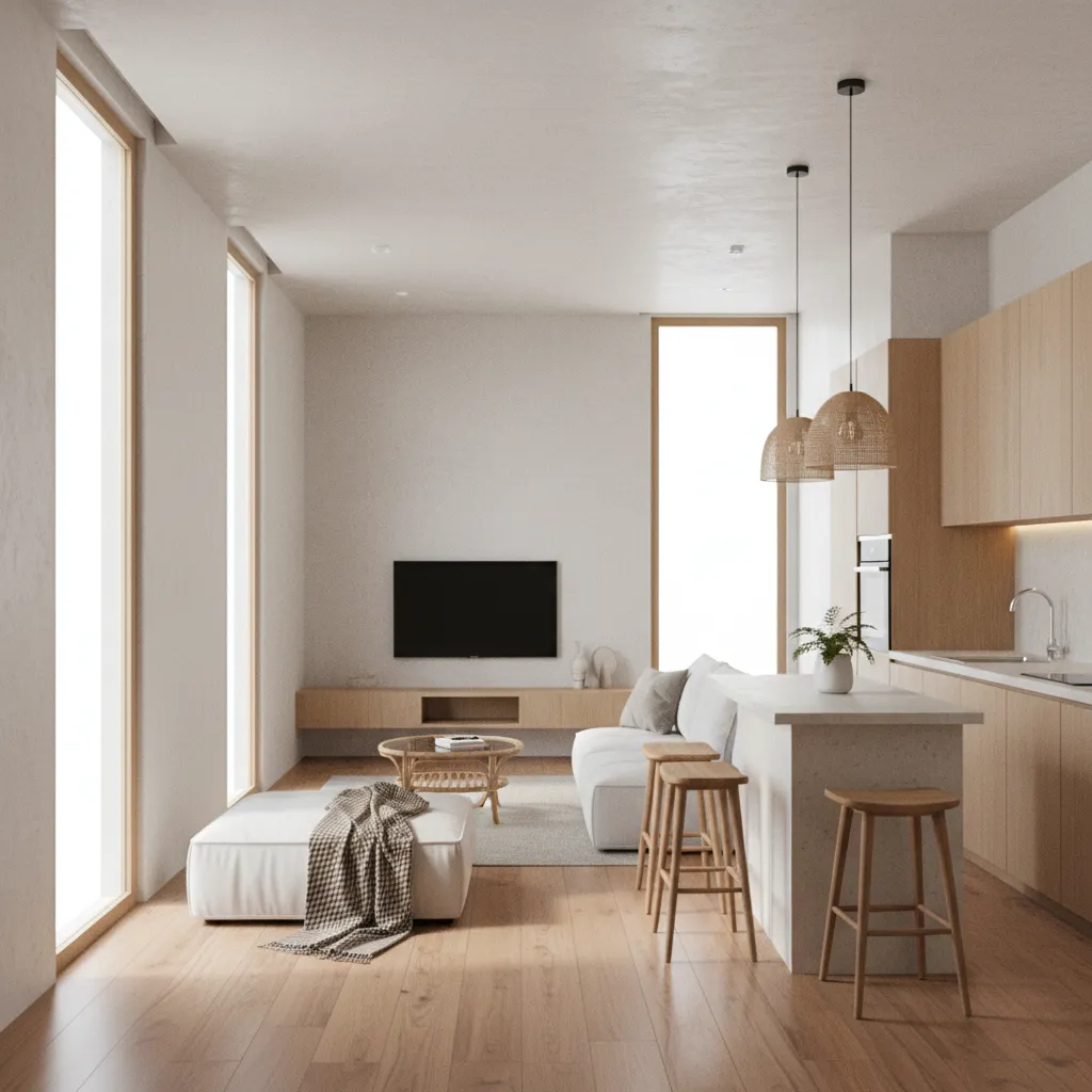 Interior rumah kecil 3x8 dengan ruang tamu dan dapur terbuka