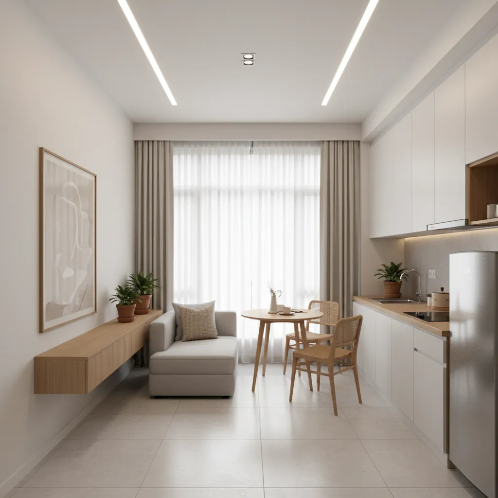 Interior ruang tamu rumah kecil dengan konsep ruang terbuka
