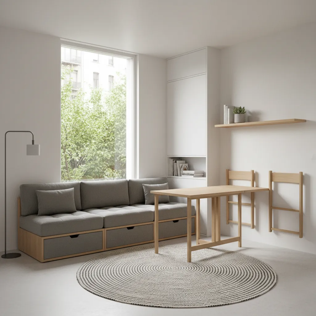 Interior rumah kecil minimalis dengan furnitur multifungsi
