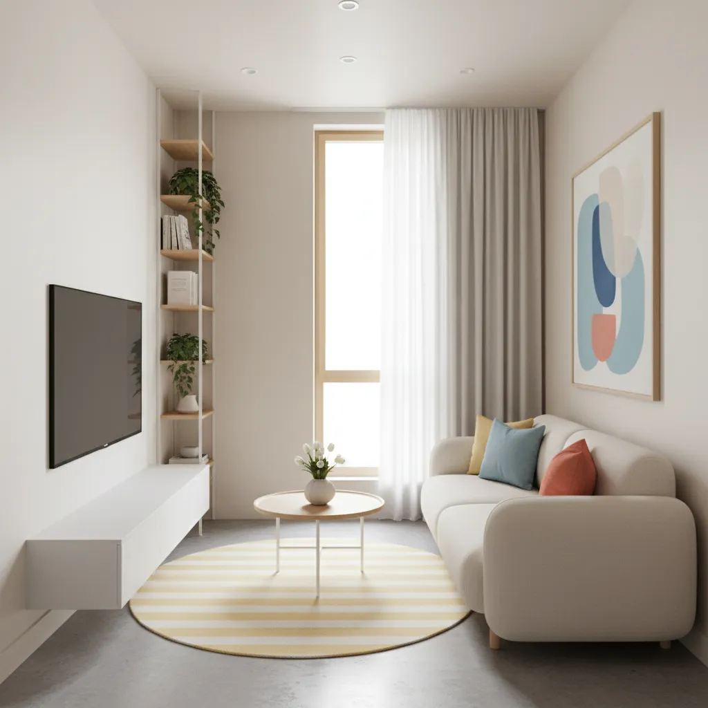 Minimalist living room with white sofa round rug wall mounted tv and tall wooden shelf