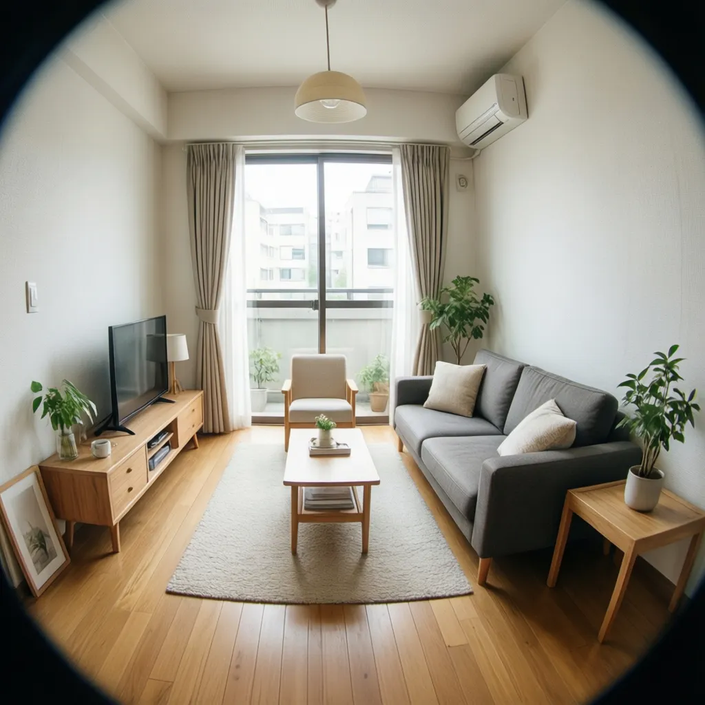 Modern living room with grey sofa, wooden floor, coffee table, green plants, and natural light