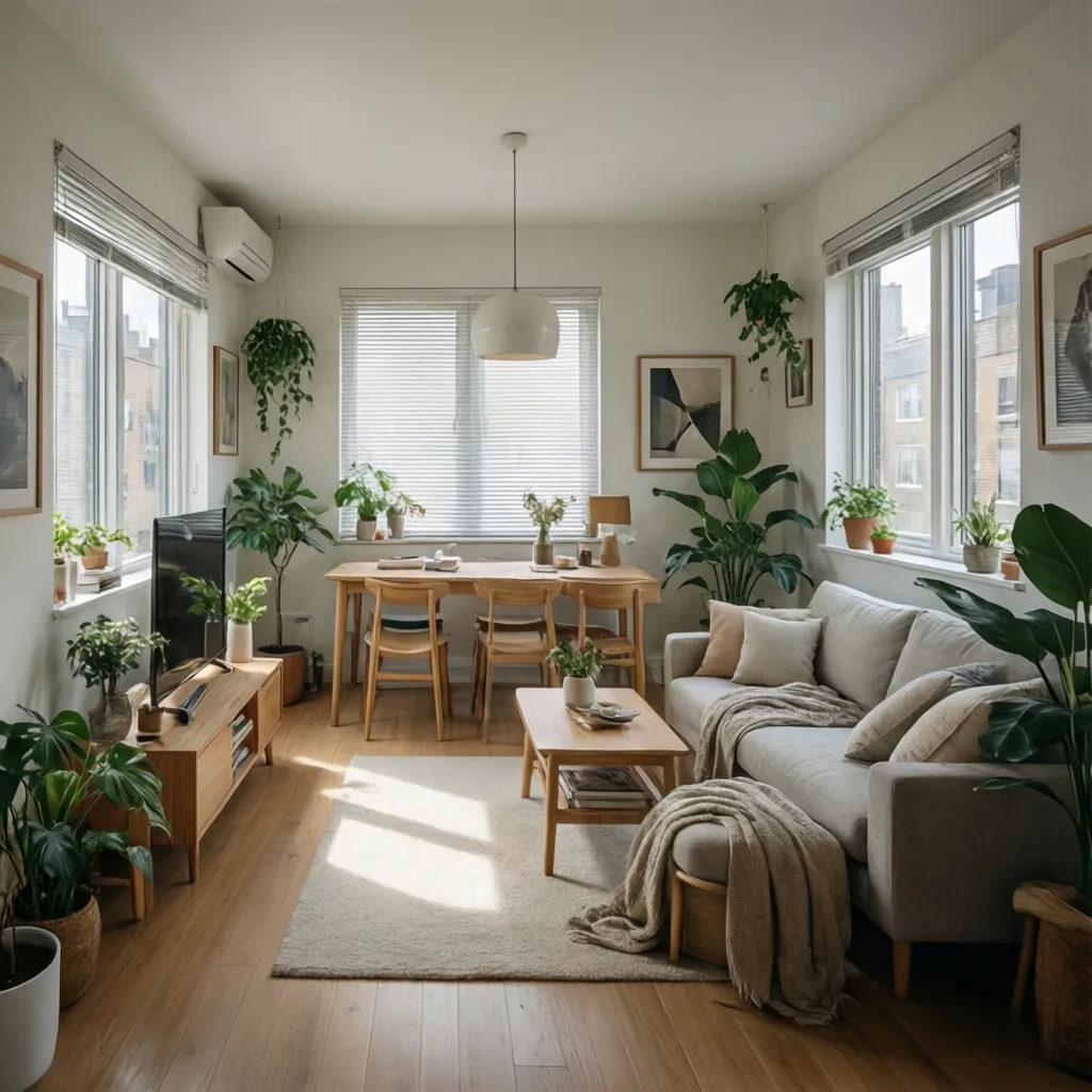 Interior rumah kecil modern dengan pencahayaan alami