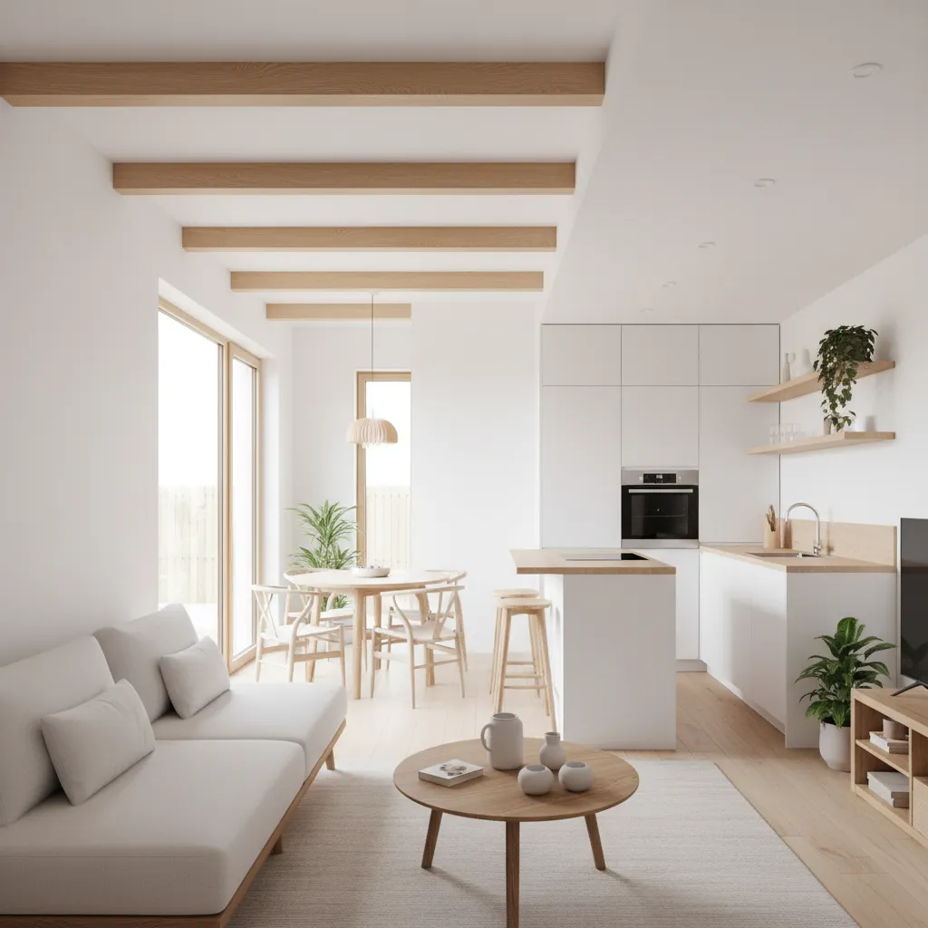 Minimalist white living room including a sofa, dining table, kitchen island, and wooden ceiling beams