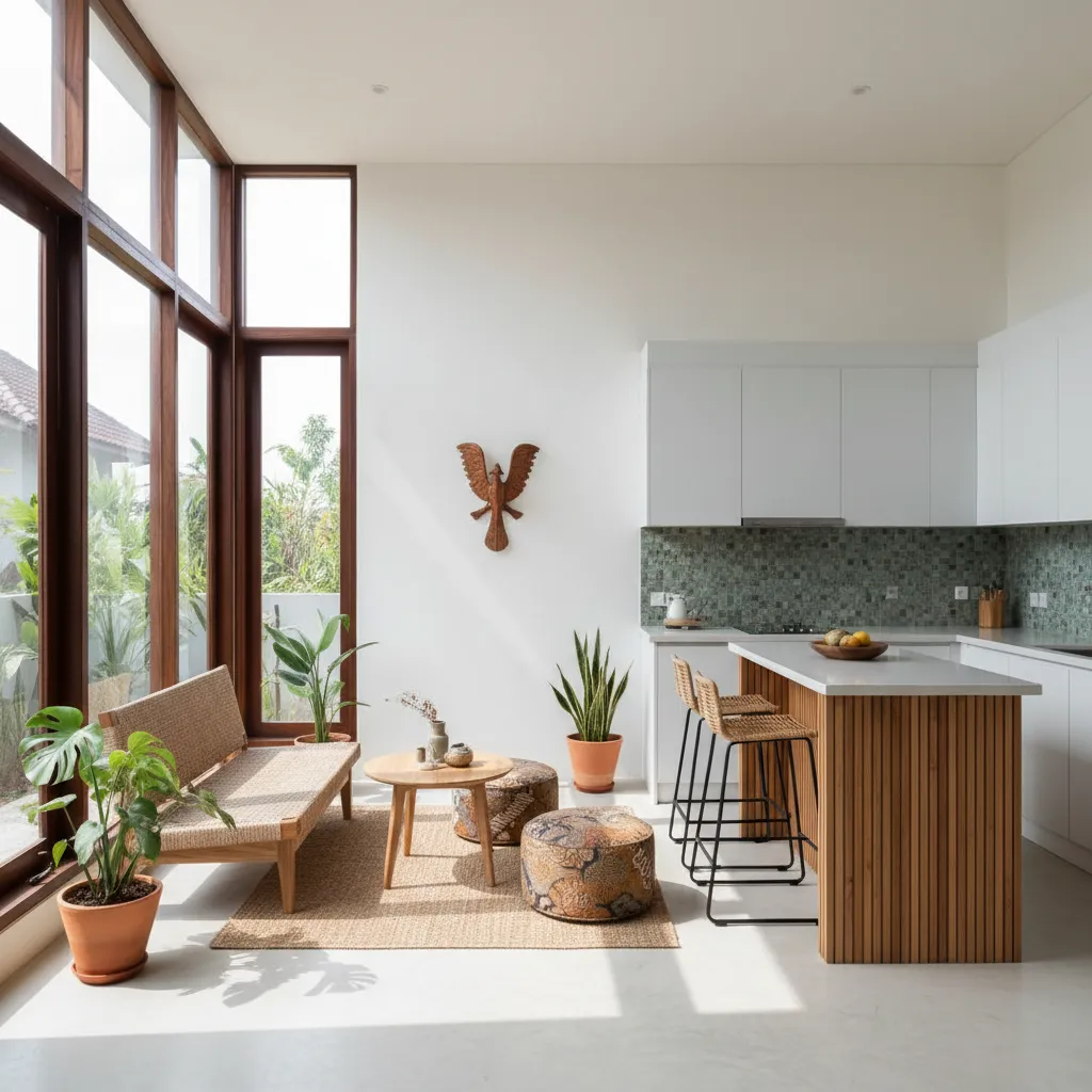 Bright open plan kitchen and living room with white cabinets wooden island stools and plants