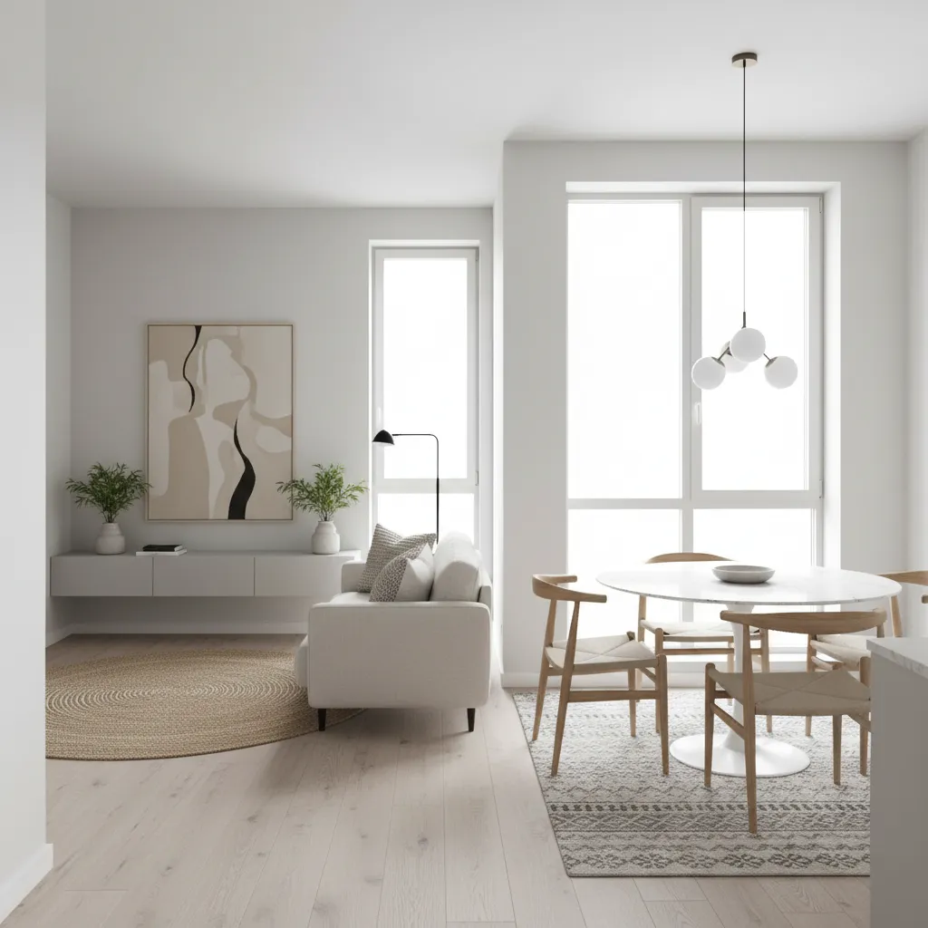 Modern living room with white sofa, round dining table, wood floor, white walls, and windows
