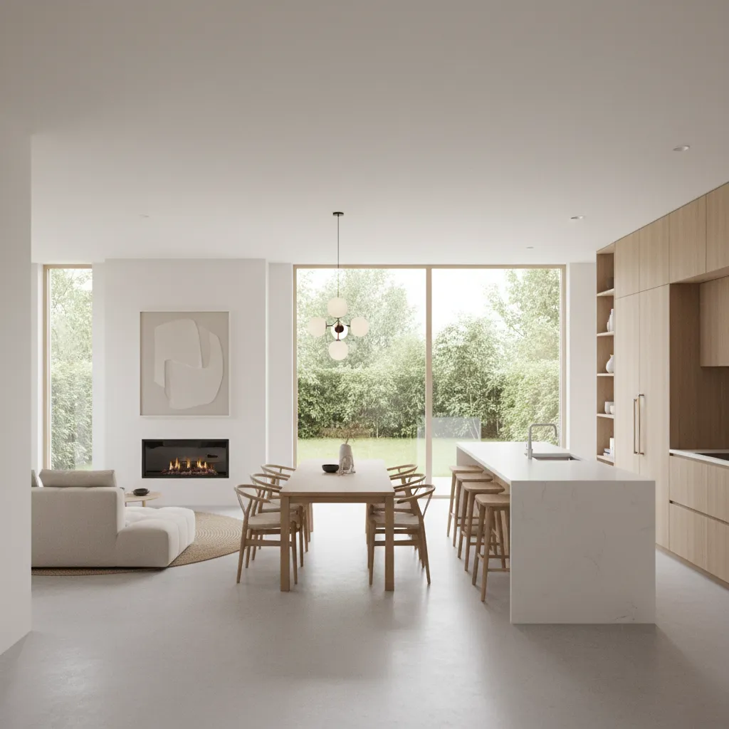 Modern open plan living room with white sofa wooden dining table kitchen island fireplace and windows