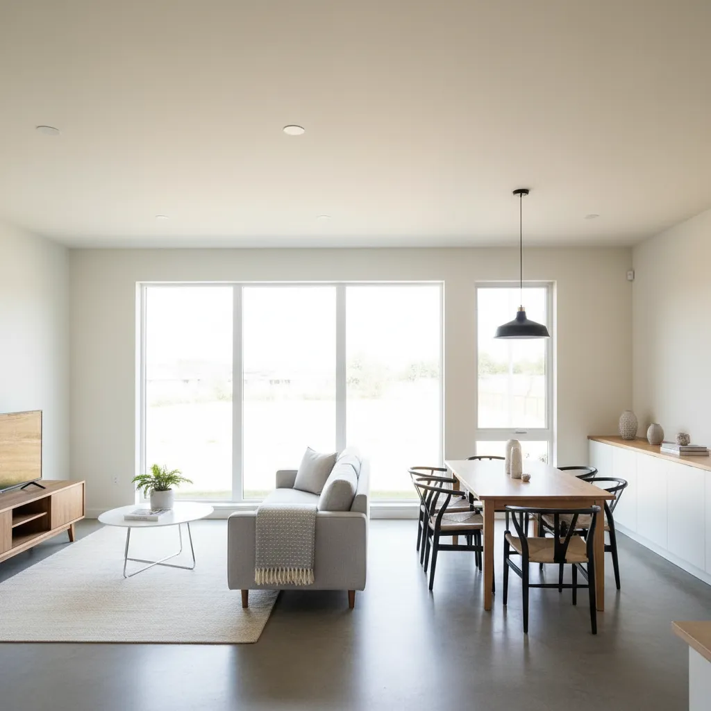 Modern open plan living room and dining area with wooden furniture grey sofa and windows