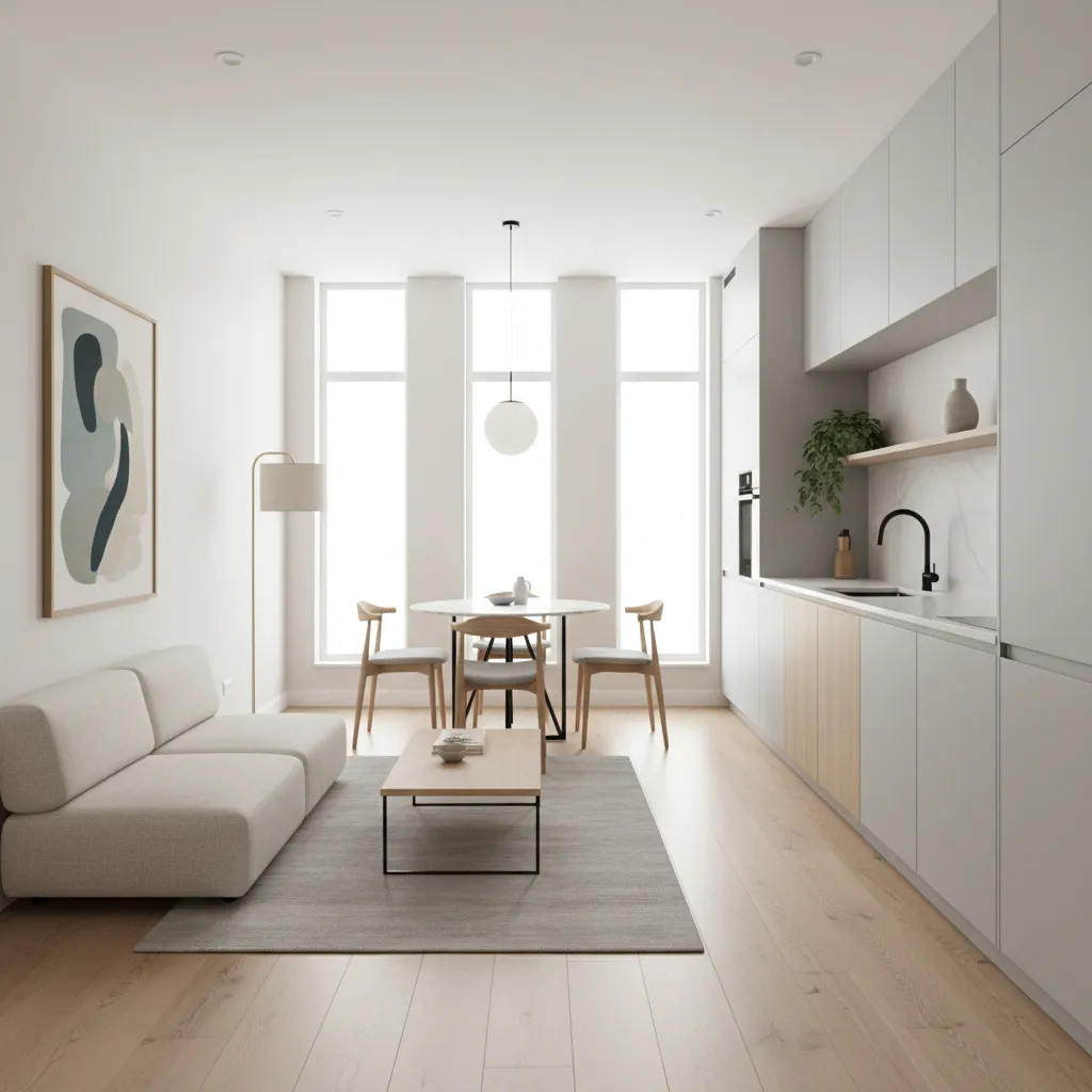 Open plan living room and kitchen with white sofa wood floor dining table and light