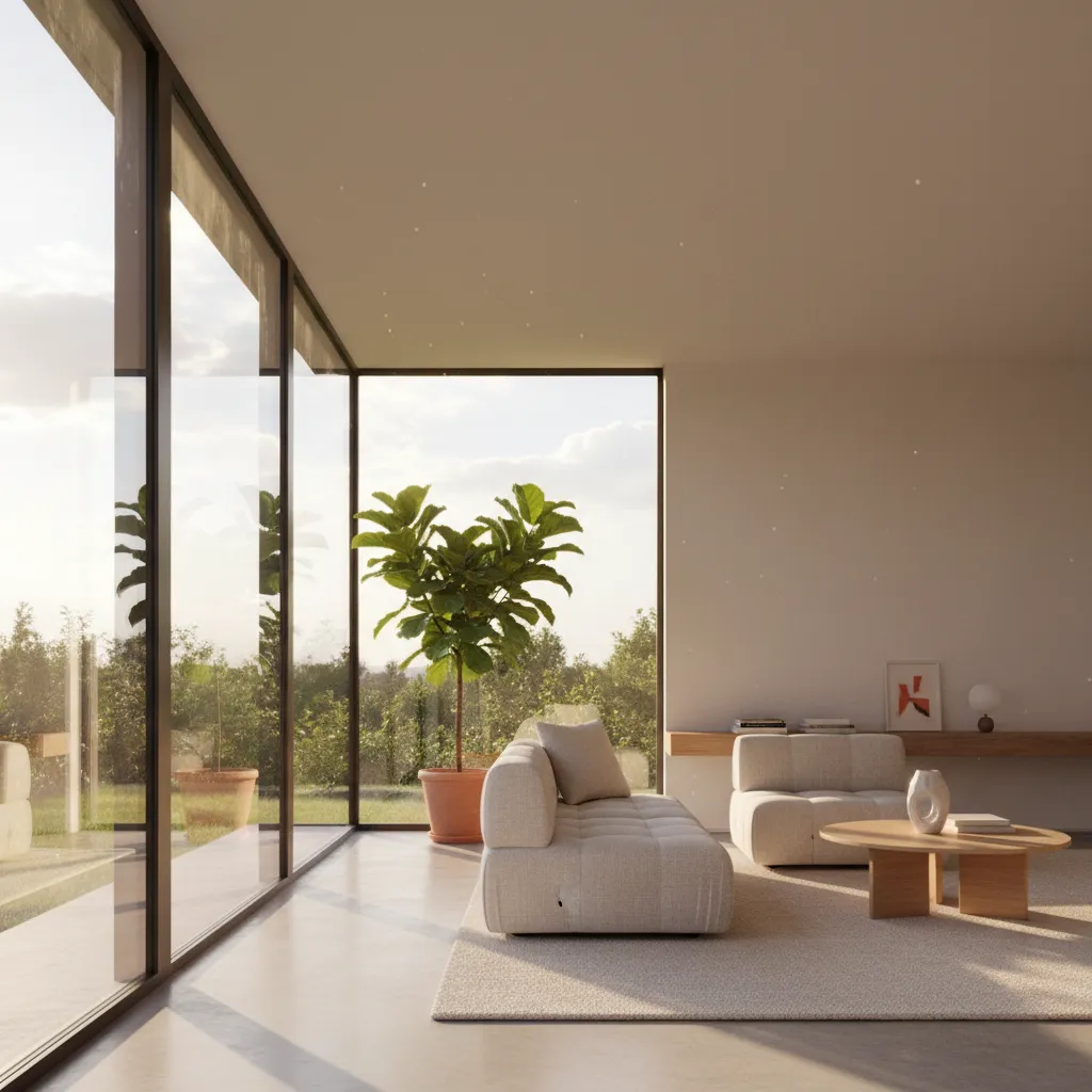 Interior rumah kecil dengan jendela besar dan pencahayaan alami