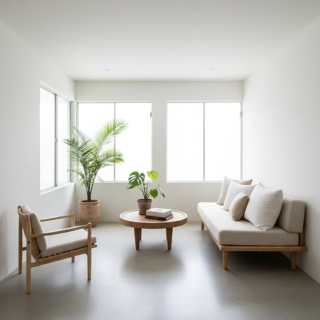 Interior rumah kecil sederhana dengan pencahayaan alami