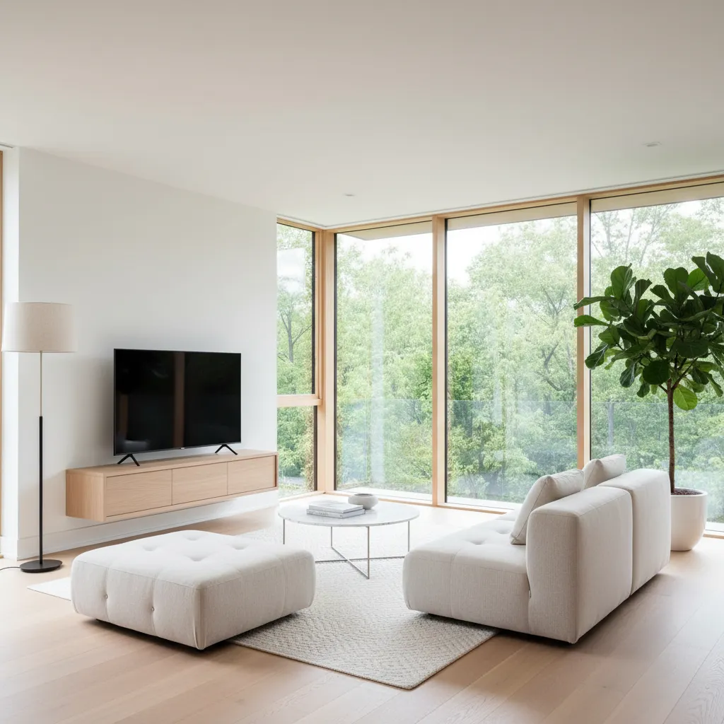 Minimalist living room with white sofa footrest wood cabinet floor lamp and large forest windows