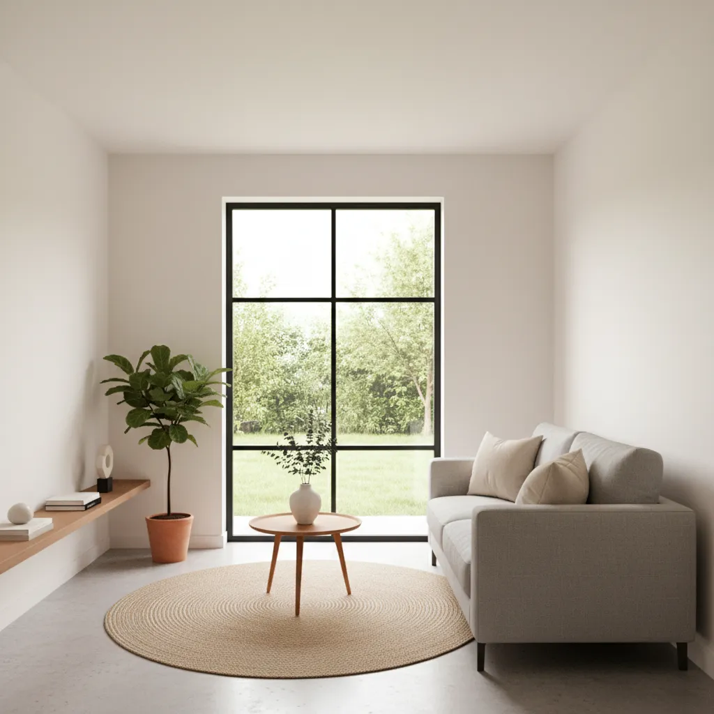 Minimalist living room with grey sofa wooden coffee table round rug large window green plant