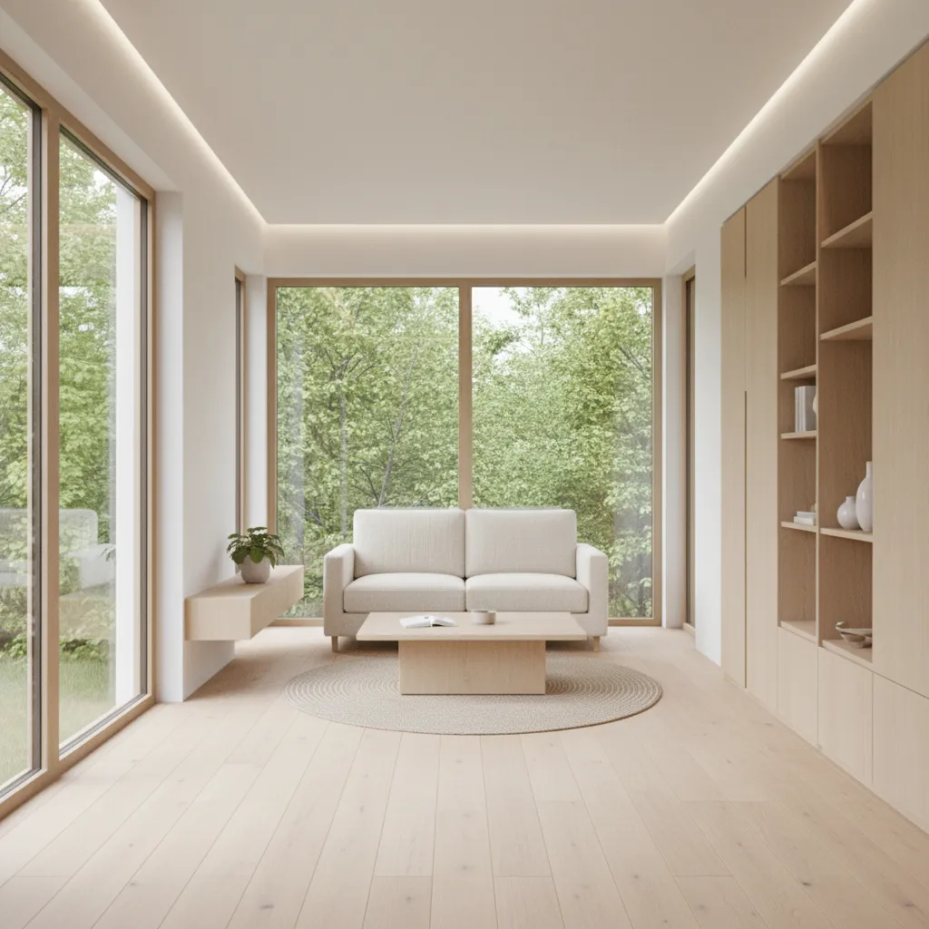 Minimalist bright living room with white sofa wooden cabinets wooden floor and large windows view