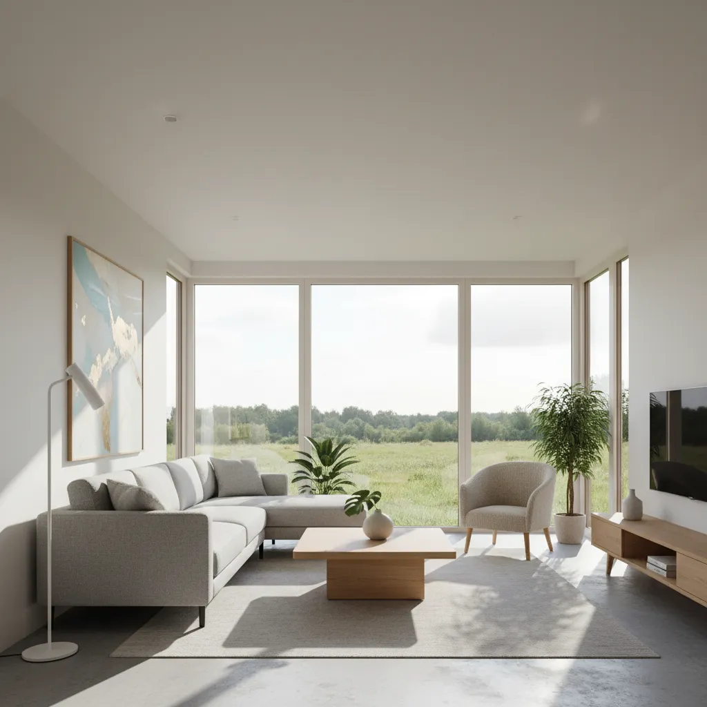Bright living room with grey sofa wooden coffee table armchair and large window field view