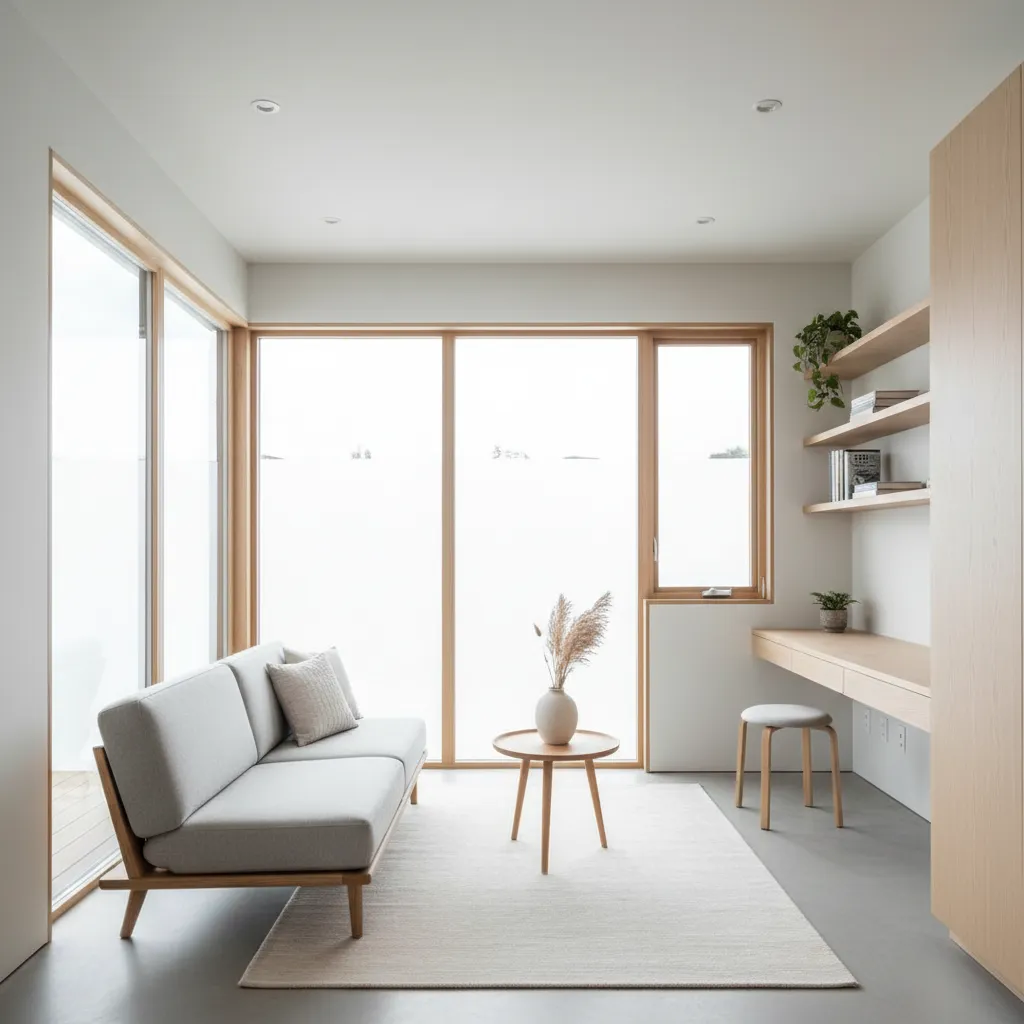 Interior rumah kecil dengan jendela besar dan warna terang