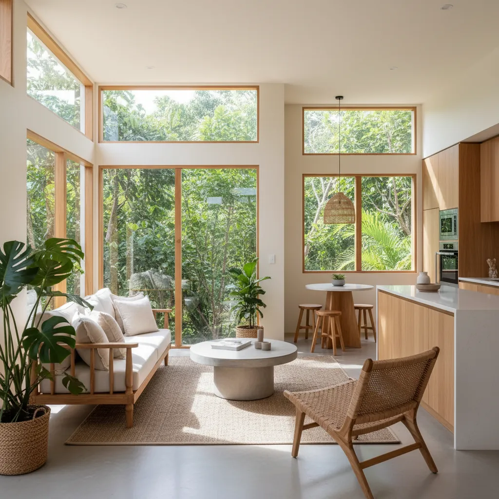 Interior rumah kecil dengan pencahayaan alami besar