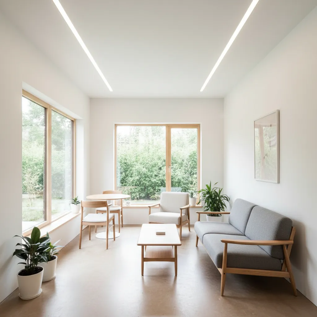 Interior rumah kecil dengan jendela besar dan warna terang