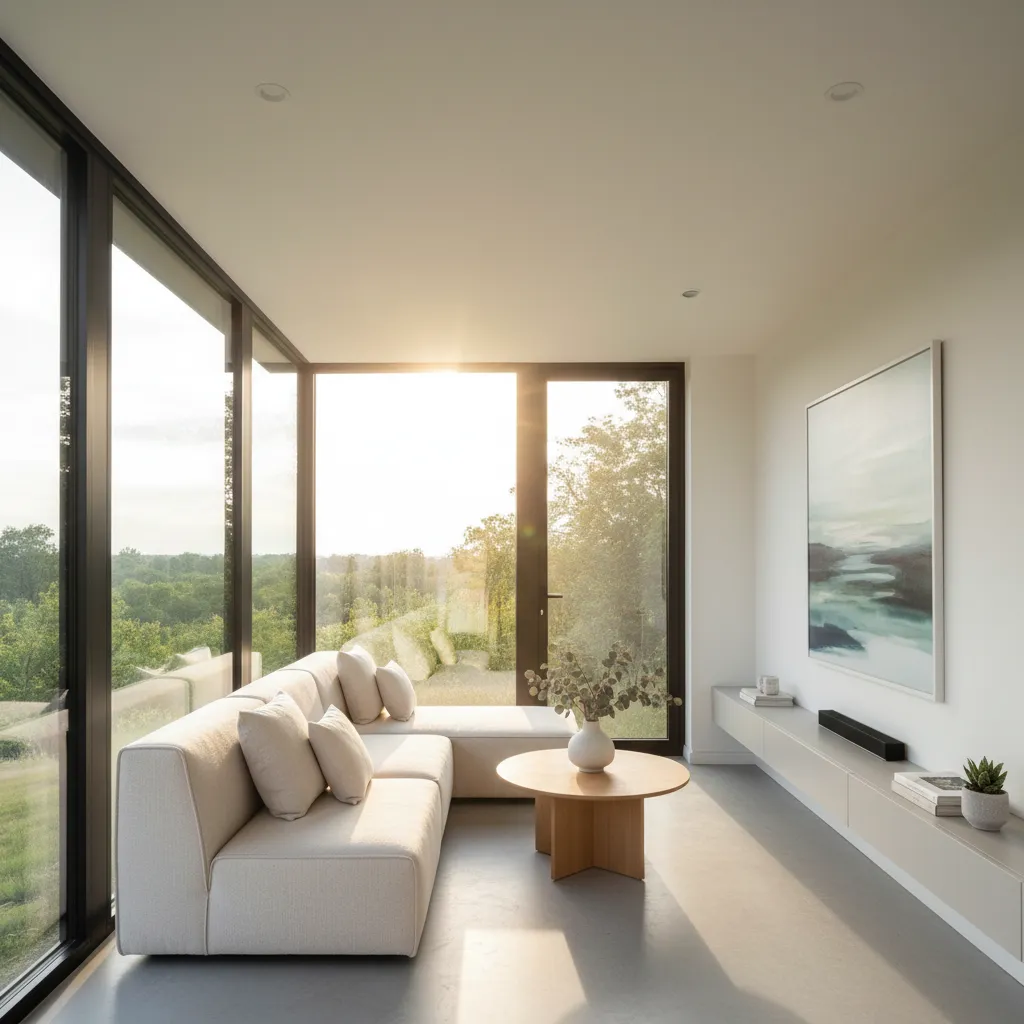 Bright living room with large sofa, round wooden table, wall cabinet, artwork, and big windows
