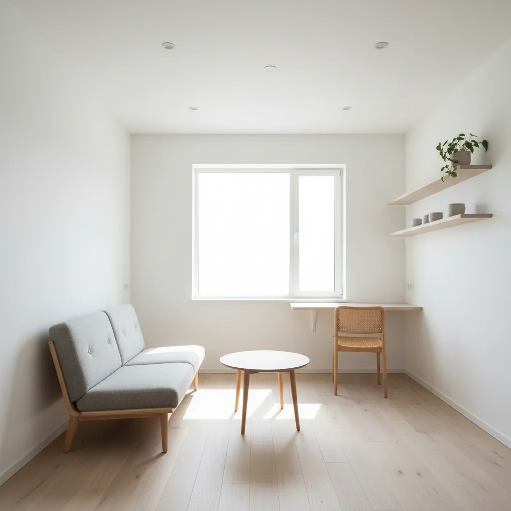 Bright minimalist living room with grey sofa wooden coffee table small desk chair and window
