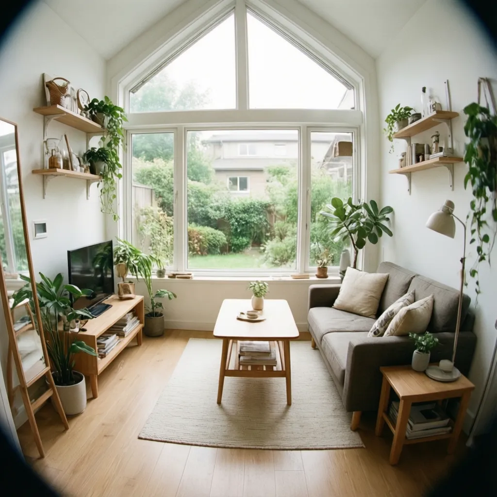 Interior rumah kecil dengan jendela besar dan warna terang