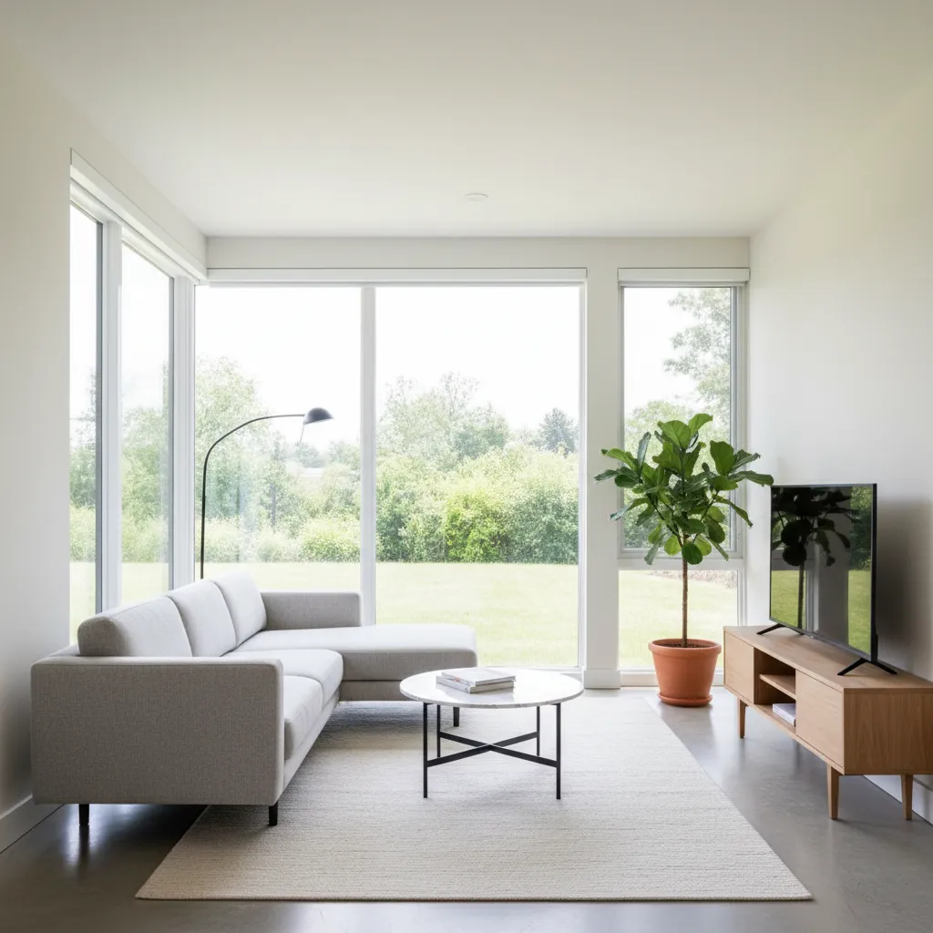 Modern living room with grey sofa white rug marble coffee table wooden cabinet and plant