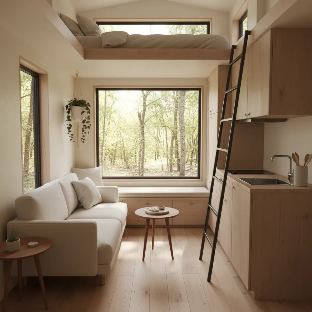 Interior rumah kecil dengan jendela besar dan warna terang